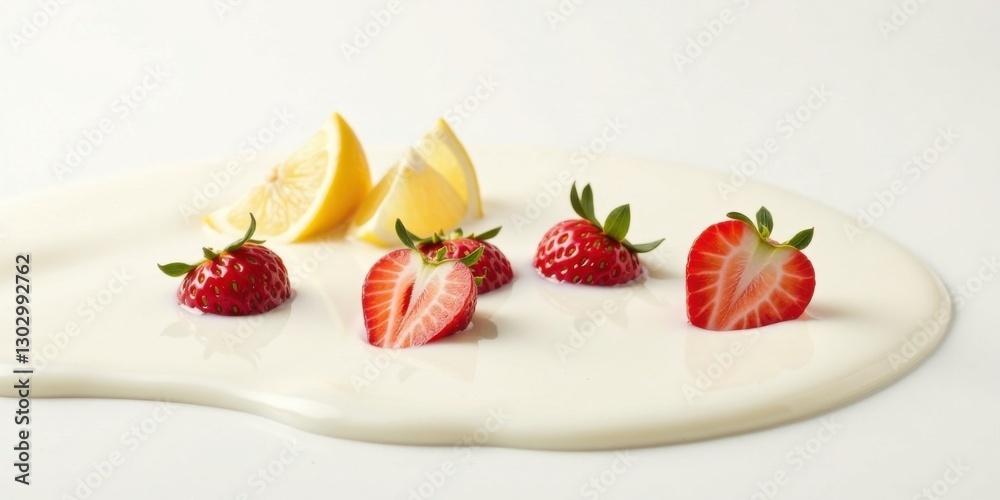 Poster a delectable arrangement of halved strawberries and lemon slices artfully placed on a creamy white s