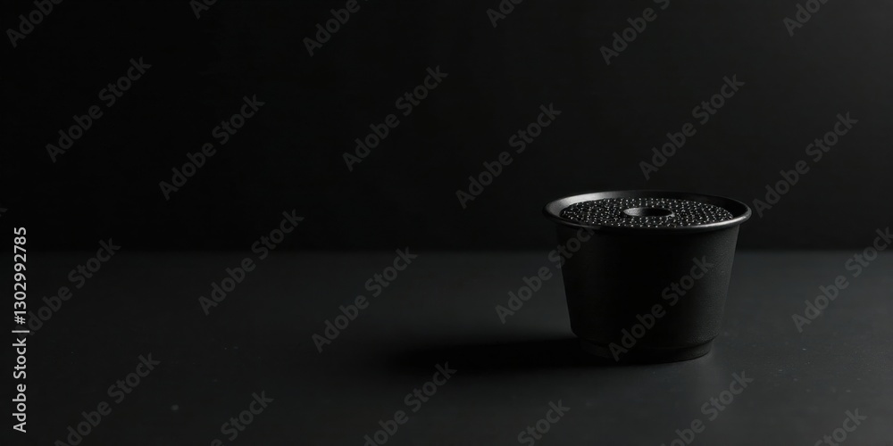 Poster a single dark cylindrical container with a textured top sits on a dark surface against a black backg