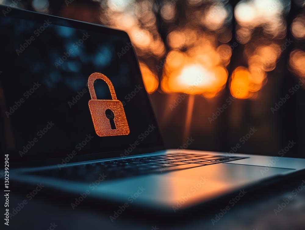 Poster Laptop with a padlock symbolizing data security, strong password and firewall system to protect against hacking, ensuring safe online access and secure information flow