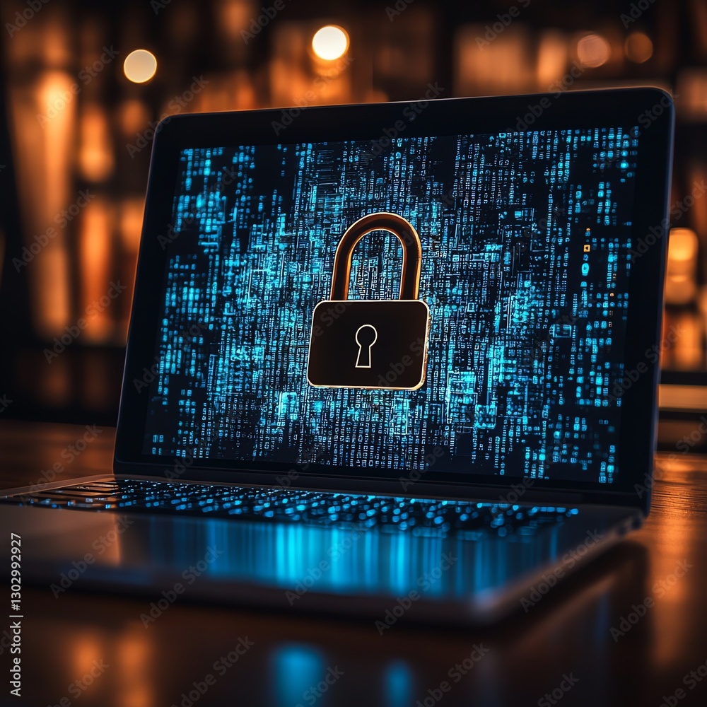 Poster Laptop with a padlock symbolizing data security, strong password and firewall system to protect against hacking, ensuring safe online access and secure information flow
