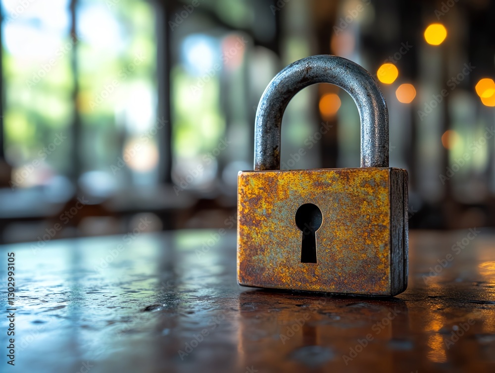 Poster Laptop with a padlock symbolizing data security, strong password and firewall system to protect against hacking, ensuring safe online access and secure information flow