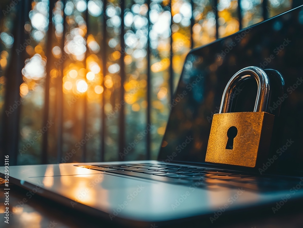 Poster Laptop with a padlock symbolizing data security, strong password and firewall system to protect against hacking, ensuring safe online access and secure information flow