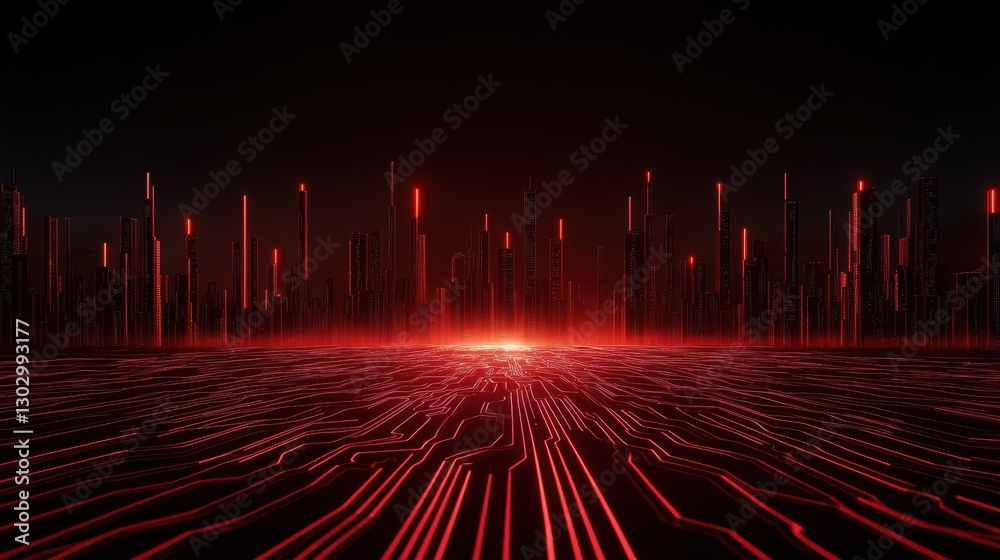Poster A futuristic landscape filled with glowing red lines and vertical structures, creating a digital, cybernetic atmosphere.