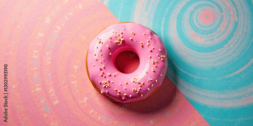Poster a single pink glazed donut with sprinkles rests on a vibrant dual-toned background featuring swirlin