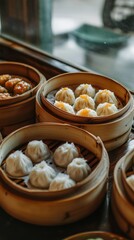 A variety of steam baskets showcase mouthwatering dumplings in a lively Asian restaurant. The aroma fills the air as diners eagerly await their meals, creating a vibrant atmosphere