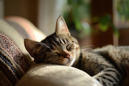 Tabby cat sleeping peacefully on sofa armrest - Powered by Adobe