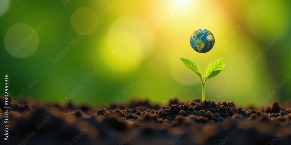 Poster a tiny seedling emerging from rich soil with a miniature earth globe floating above it, symbolizing 