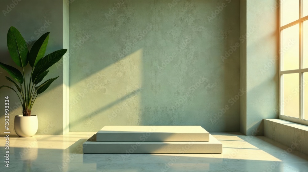 Aufkleber serene minimalist interior with two-tiered display platform and lush greenery in soft sunlight
