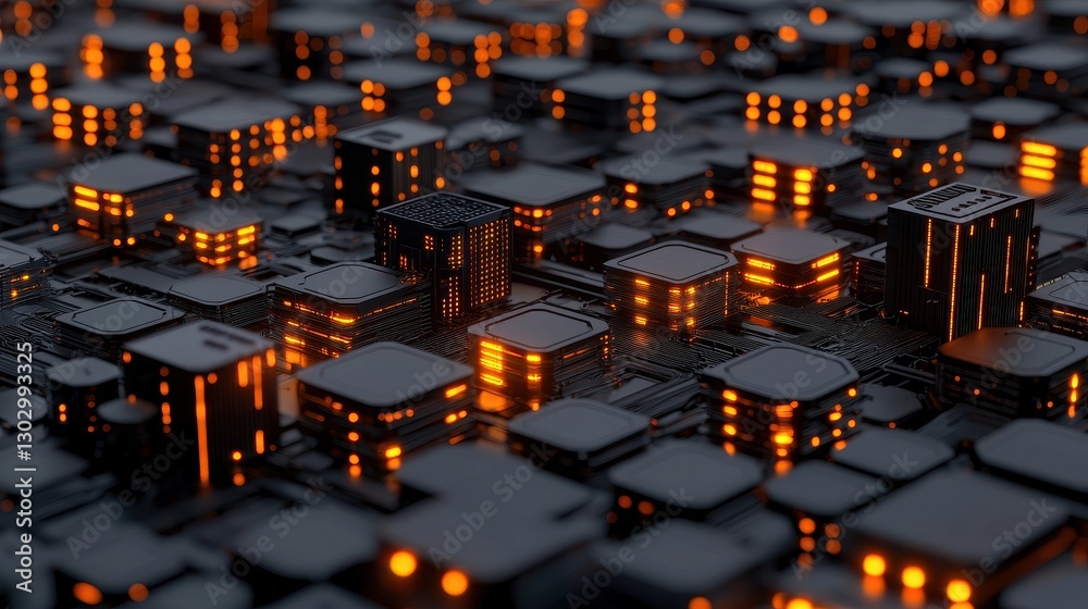 Poster a captivating close-up of a digital cityscape, featuring glowing orange lights amidst dark, abstract
