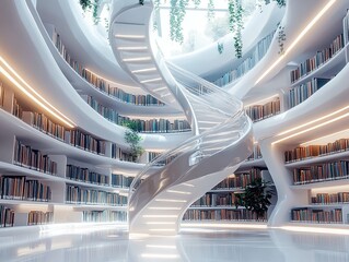 Futuristic library with DNA helix staircase and holographic archives, Unreal Engine Nanite geometry rendering infinite book details