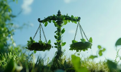 Scales of justice made from green leaves, set against the backdrop of a blue sky and lush grass, symbolize environmental spaces and fair treatment for all in sustainable business practices