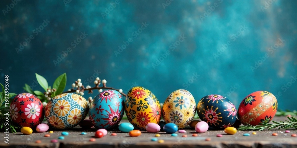 Poster a festive arrangement of ornate easter eggs decorated with vibrant floral patterns and placed on a r
