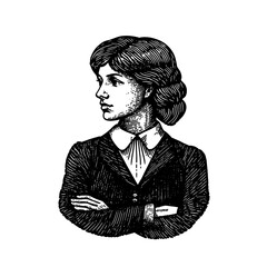 Fototapeta premium Engraved illustration of a confident young woman in formal attire with arms crossed in a vintage style