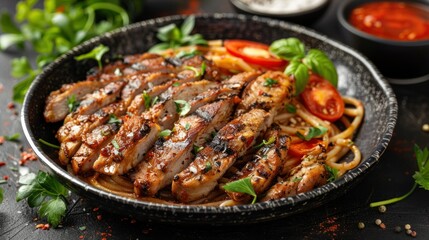 Grilled chicken and spaghetti with cherry tomatoes on dark plate, sauces in background