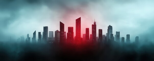 Fototapeta premium A dark city skyline emerges from fog, illuminated by a striking red glow, creating a mysterious and dramatic atmosphere.