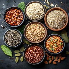Fototapeta premium Top view of a group of various seeds and cereals, organic vegan protein diet, healthy raw food ingredients, nutritious cooking elements for vegetarian cuisine
