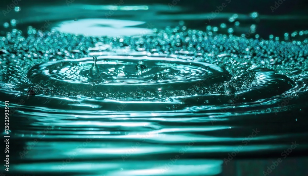 Poster macro water droplets on reflective surface with glowing teal bokeh, abstract liquid texture, futuris