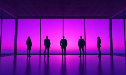Silhouettes of Business Professionals Against Vibrant Purple Background