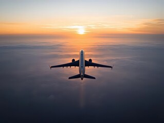 Naklejka premium Aerial view of an airplane casting a shadow on the clouds, illuminated by a vibrant sunrise