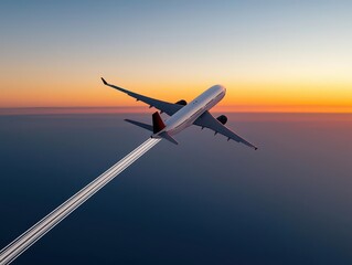 Airplane leaving a trail in the sky as it flies toward a bright and golden sunrise