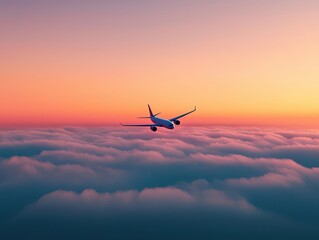 A passenger plane soaring through the sky, bathed in warm sunrise hues with glowing clouds below