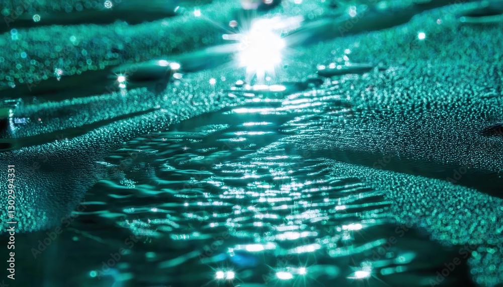 Poster macro water droplets on reflective surface with glowing teal bokeh, abstract liquid texture, futuris