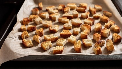 Layer of homemade croutons on a baking sheet lined with a parchment paper