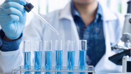 Scientist conducting experiments with blue liquids in a laboratory setting.