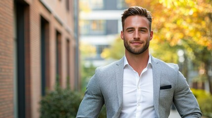 Obraz premium A confident young man in a stylish outfit stands outdoors, framed by modern architecture and autumn foliage.
