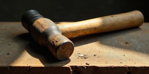 A well-worn wooden-handled hammer rests on a dusty workbench, bathed in sunlight