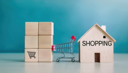 Shopping concept with wooden blocks and miniature cart near a shopping house.