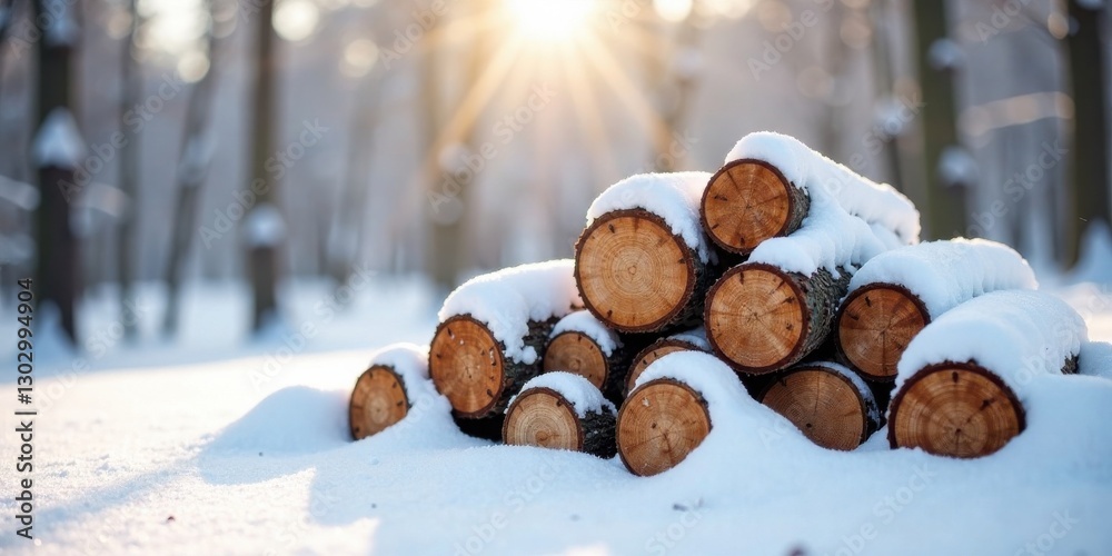 Poster winter woodland scene featuring a stack of snow-covered logs bathed in the soft glow of the setting 