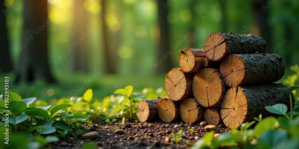 Poster stack of logs in a verdant forest bathed in the golden light of the setting sun