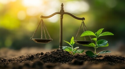 Scales of justice on soil with green plants growing, symbolizing environmental protection and eco-friendly practices in the field of law