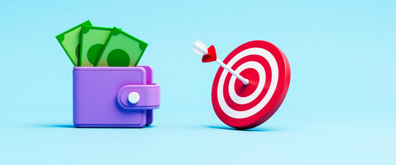 purple wallet with money next to bullseye target with dart