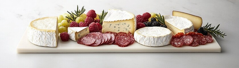 A beautifully arranged cheese and charcuterie platter featuring various cheeses, salami, and garnished with fresh berries and herbs.