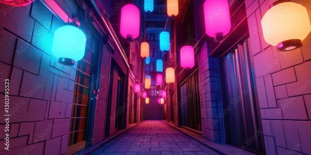 Poster A vibrant alleyway illuminated by colorful lanterns, creating a lively and enchanting atmosphere at night.