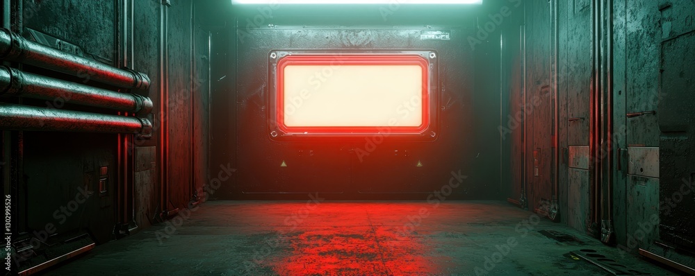 Poster a dimly lit corridor features glowing red light, casting dramatic shadows on the walls, creating a f