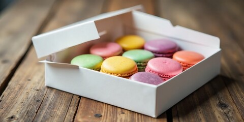A delightful assortment of colorful delicate pastries arranged neatly within a pristine white box, resting on a rustic wooden surface.