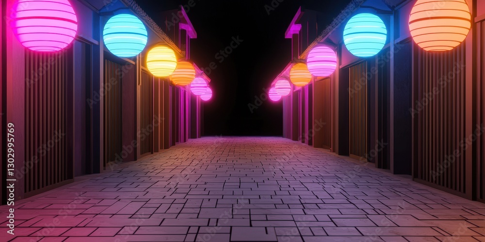 Aufkleber A vibrant, illuminated pathway features colorful lanterns, creating a mesmerizing atmosphere in a darkened setting.
