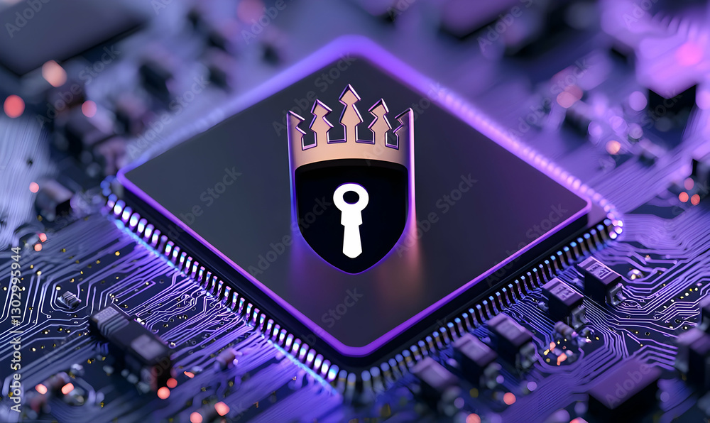Poster cybersecurity shield icon on microprocessor with neon effect