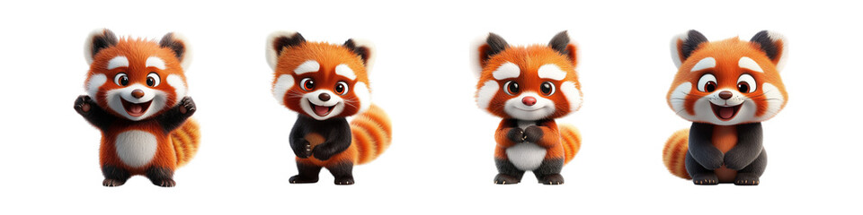 Set of cute red panda characters displaying various expressions and poses, isolated on transparent background, Cutout PNG