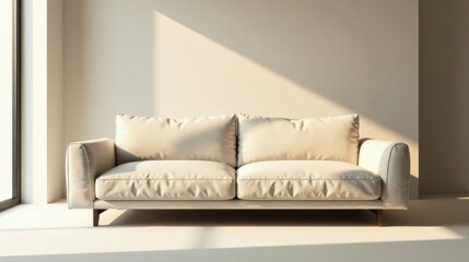 Cream-colored sofa bathed in warm sunlight near a window in a minimalist interior space, offering a serene and peaceful atmosphere
