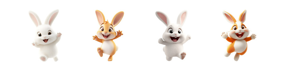 Set of cheerful cartoon rabbits jumping playfully in bright colors isolated on transparent background, Cutout PNG