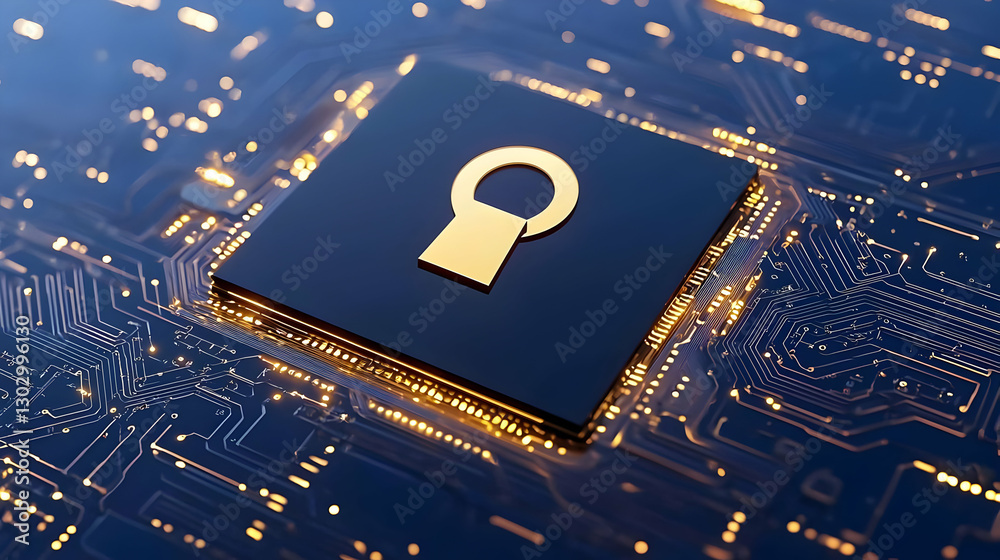 Poster digital lock symbol on microchip background with circuit patterns