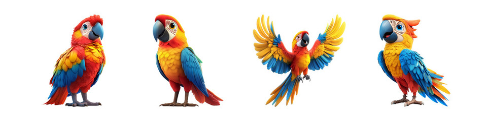 Fototapeta premium Set of colorful tropical parrots showing various poses and features isolated on transparent background, Cutout PNG