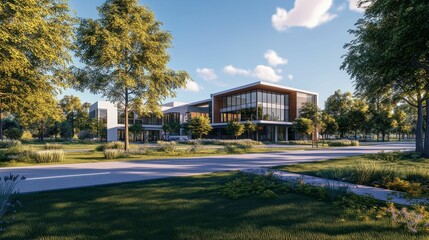Modern architecture building surrounded by lush trees.