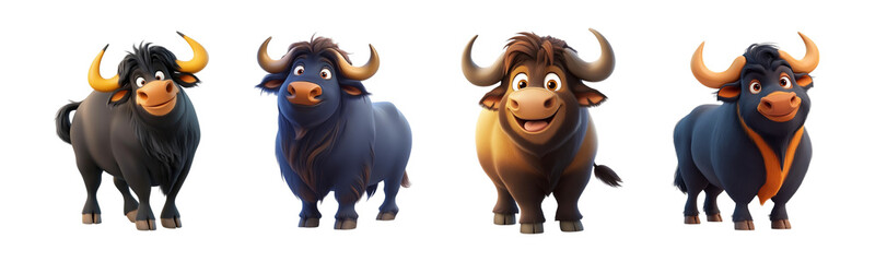 Fototapeta premium Set of cartoon bulls with different expressions and colors isolated on transparent background, Cutout PNG