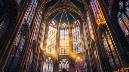 Fototapeta premium Majestic Church Interior with Stunning Stained Glass Windows Illuminated by Sunlight