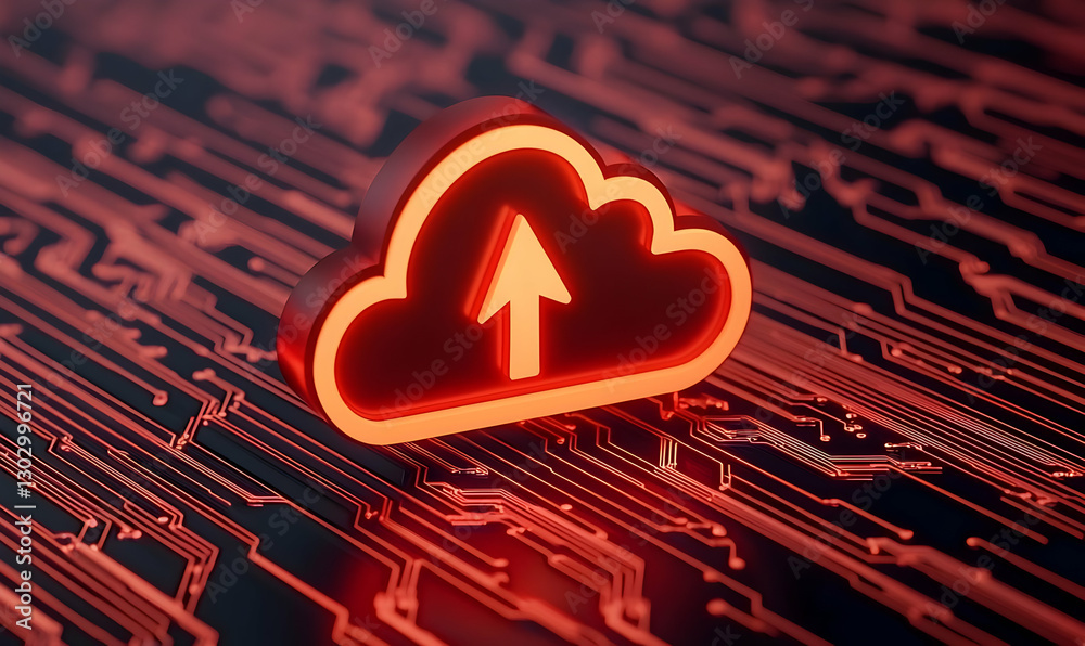 Poster cloud storage icon with upload arrow over circuit board background